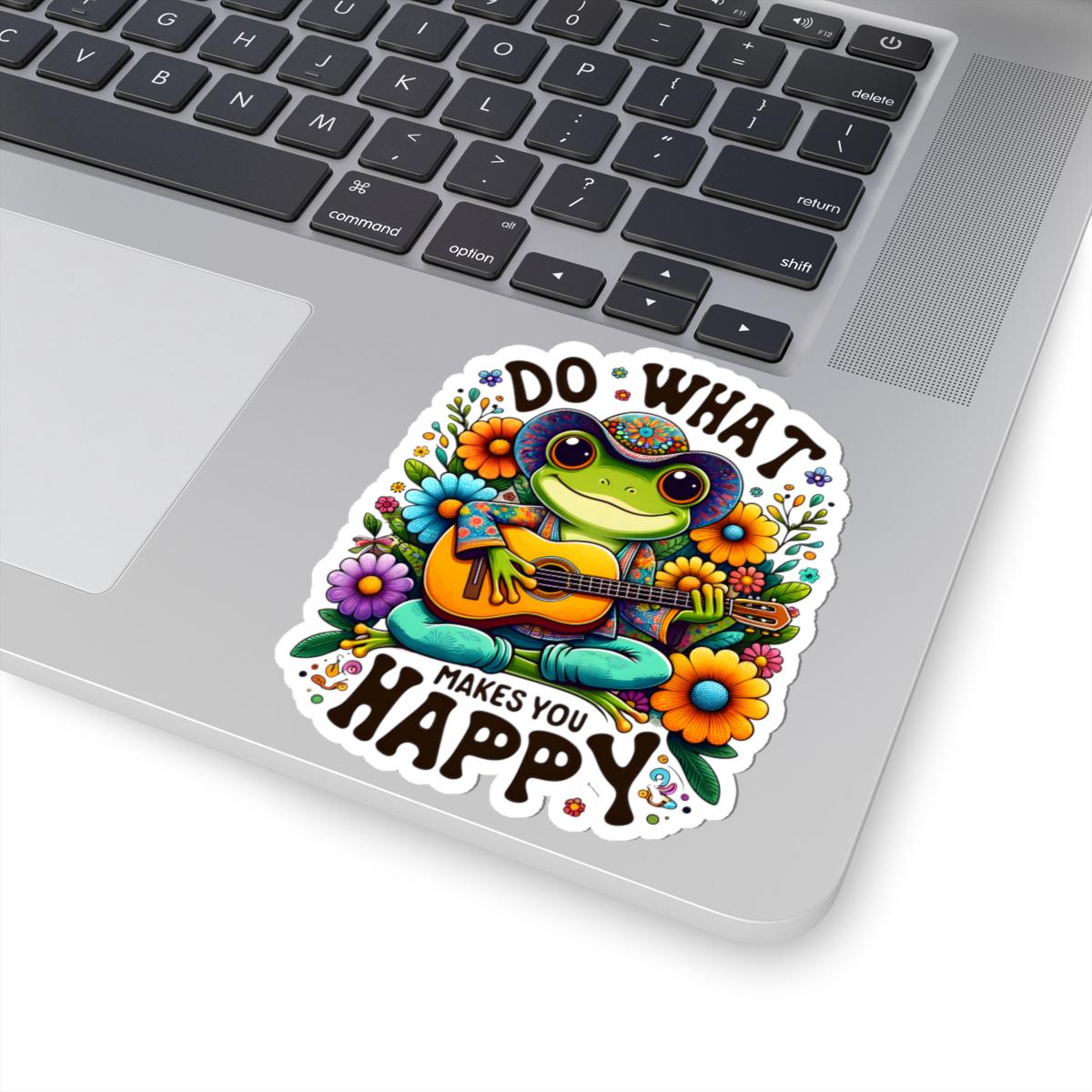 ColorFlow | Do What Makes You Happy Frog Sticker | Hippie Frog Playing Guitar Decal | Colorful Boho Vinyl Sticker for Laptops