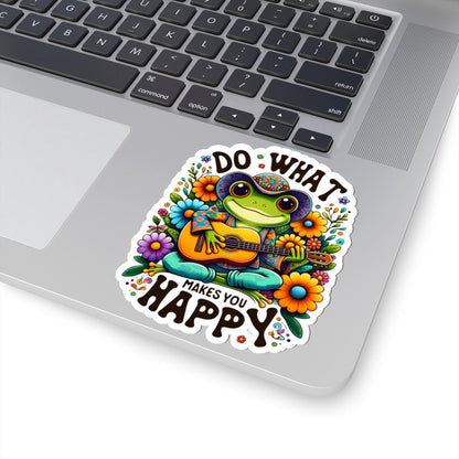 ColorFlow | Do What Makes You Happy Frog Sticker | Hippie Frog Playing Guitar Decal | Colorful Boho Vinyl Sticker for Laptops