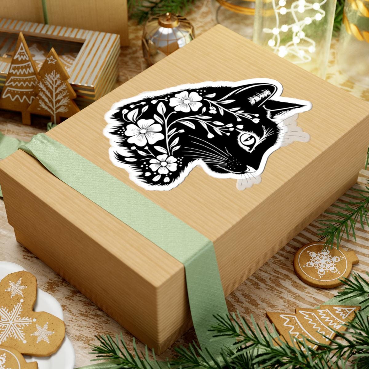 Floral Black Cat Sticker | Botanical Cat Silhouette, Nature Lover Gift