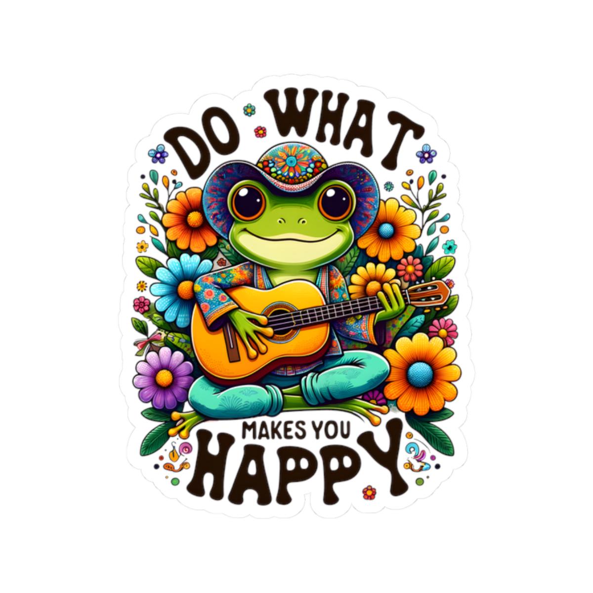 ColorFlow | Do What Makes You Happy Frog Sticker | Hippie Frog Playing Guitar Decal | Colorful Boho Vinyl Sticker for Laptops