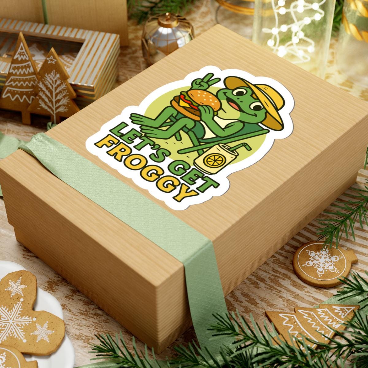 ColorFlow | Lets Get Froggy Funny Frog Burger BBQ Sticker | Waterproof Vinyl Decal for Food Lovers and Summer Parties