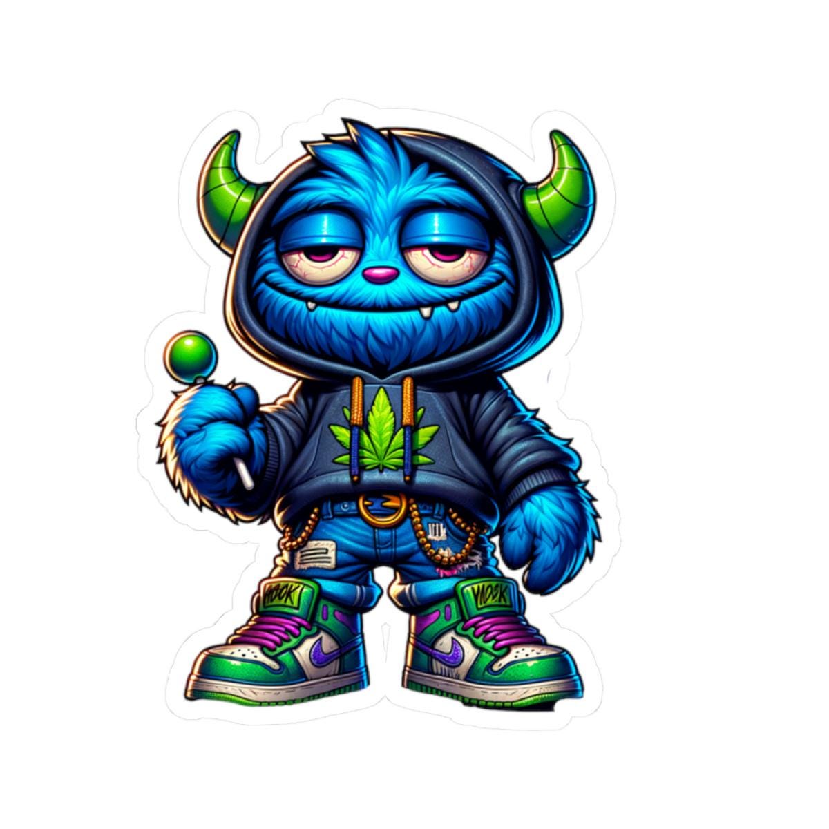 ColorFlow | Lollipop Hoodie Horned Blue Monster Kiss Cut Sticker Streetwear Character Art for Laptops Water Bottles and More