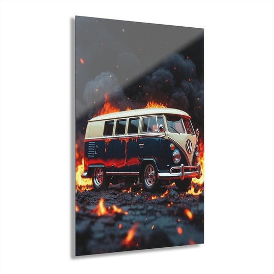 ColorFlow | Vintage Van Fire Scene Metal Wall Art | Retro Bus Artwork | Classic Van Decor | Automotive Metal Art Print | Garage Decor