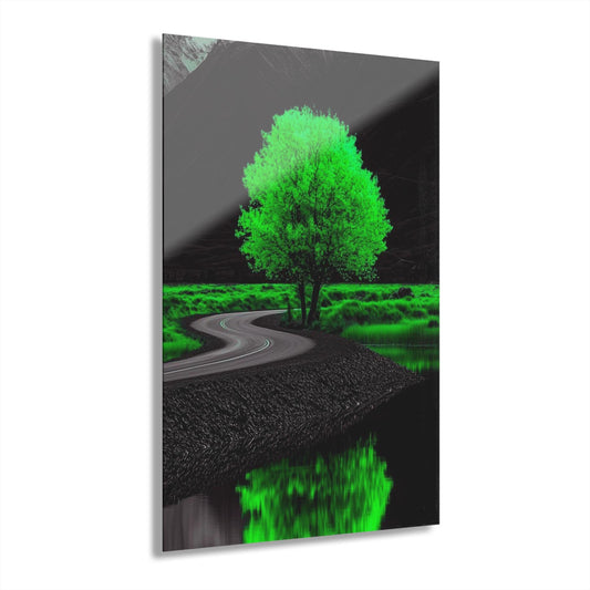 ColorFlow | Neon Green Tree Metal Art Print | Surreal Nature Artwork | Glow Landscape Decor | Fantasy Decor | Dream Art