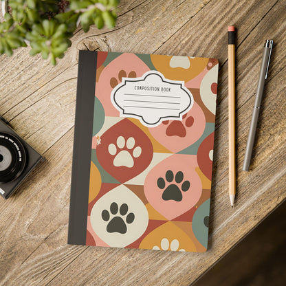Retro Geometric Paw Print Composition Notebook | Mid-Century Style Stationery College Ruled Journal