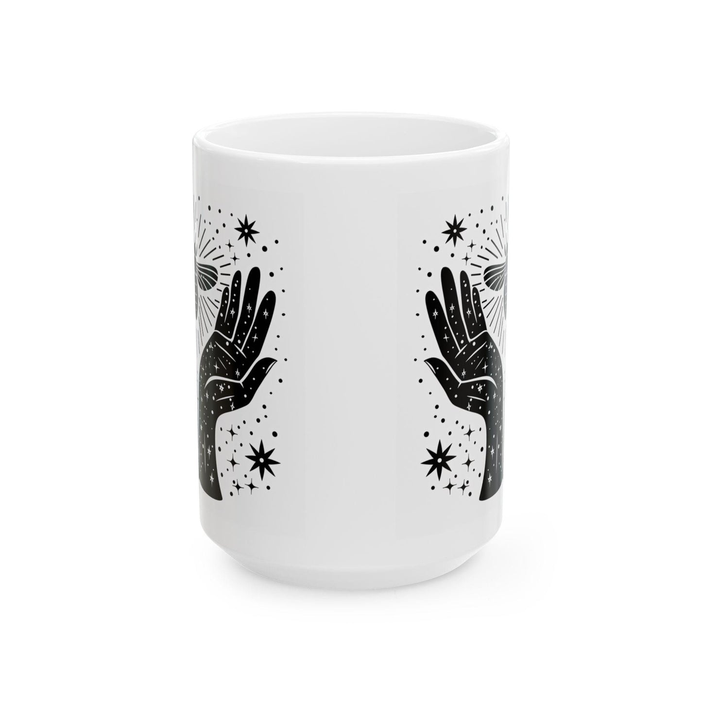 Celestial Moth Hands Ceramic Mug | Cosmic Spiritual Coffee Cup (15 oz)
