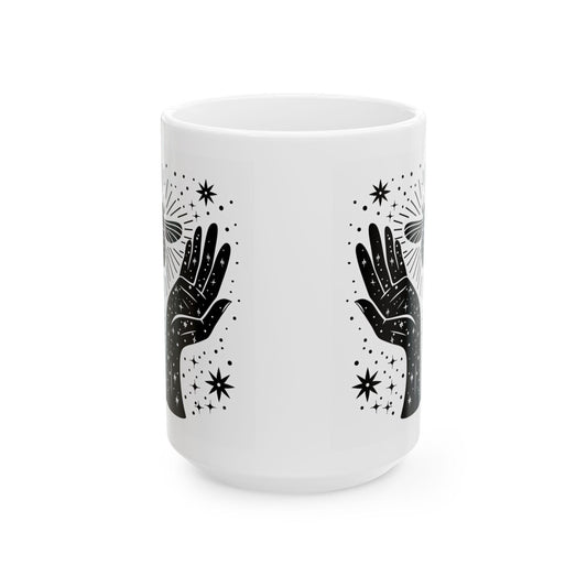 Celestial Moth Hands Ceramic Mug | Cosmic Spiritual Coffee Cup (15 oz)