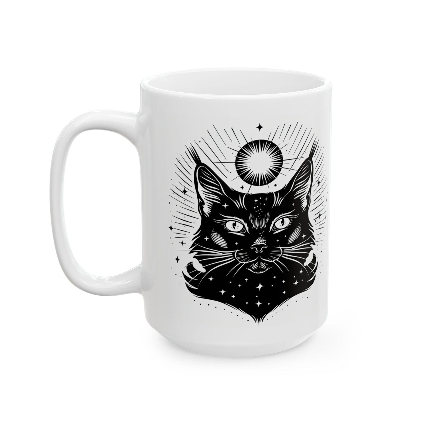 Cosmic Cat Mug | Celestial Feline 15oz Ceramic Coffee Cup | Witchy Black Cat Art