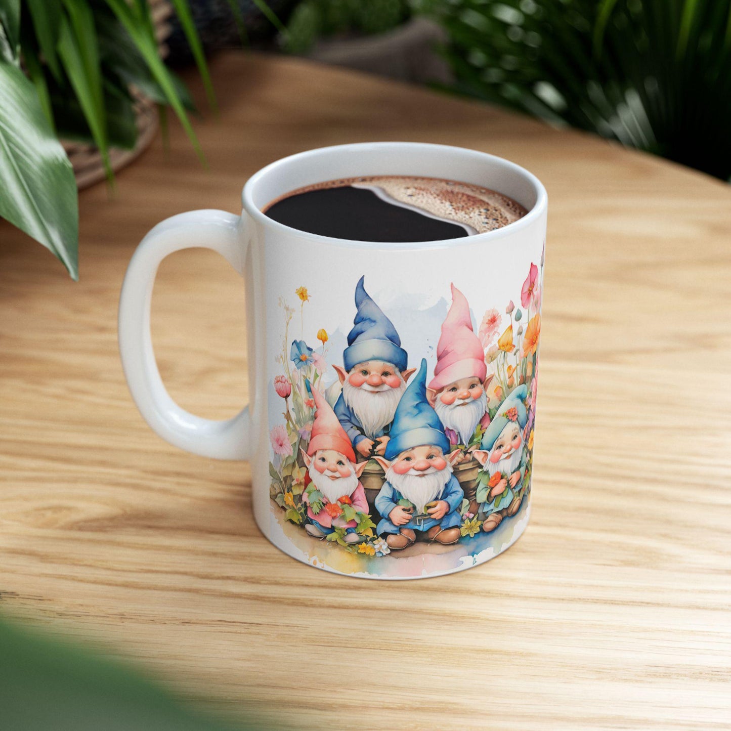 Garden Gnome Mug | Whimsical Floral Ceramic Coffee Cup | 15oz Capacity