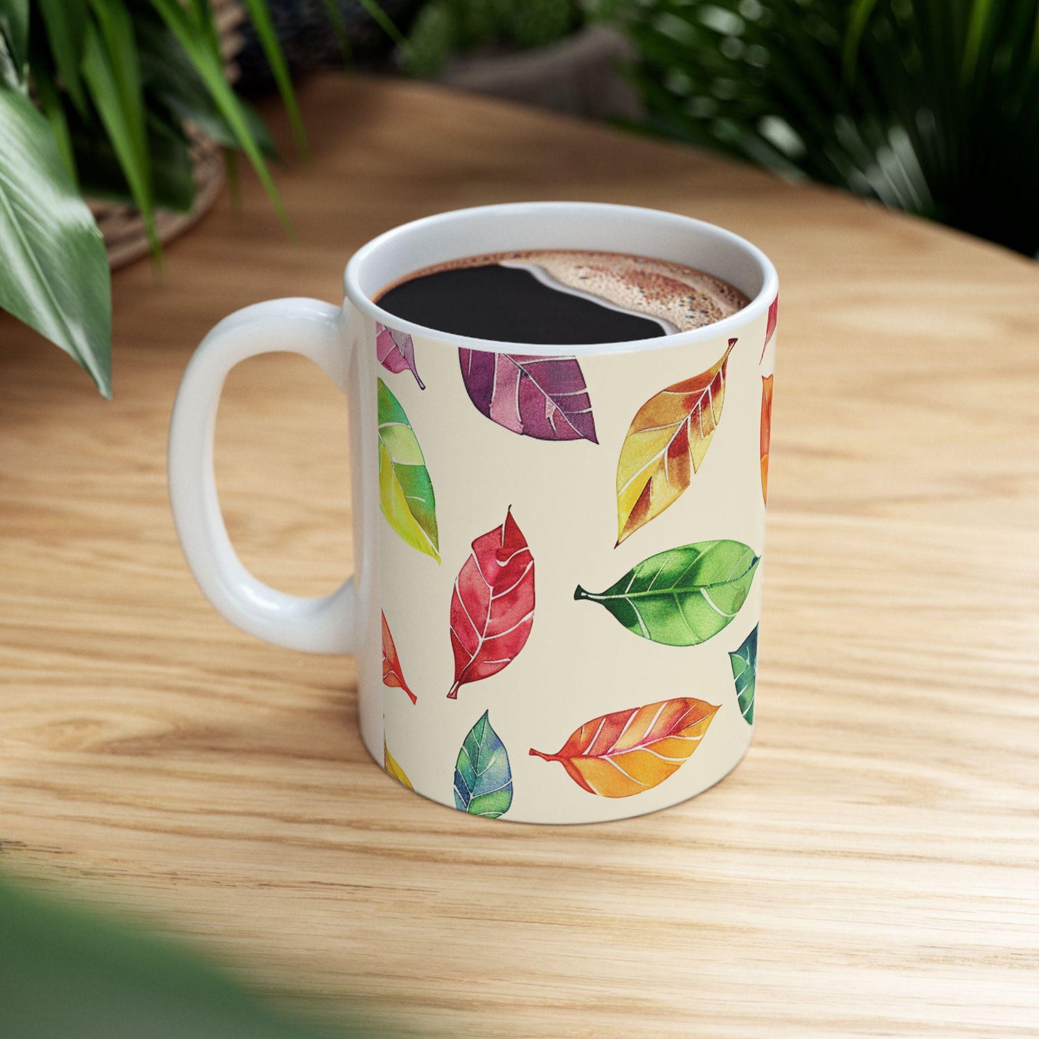 Watercolor Autumn Leaves Mug | 15oz Ceramic Coffee Cup (Seasonal Gift)