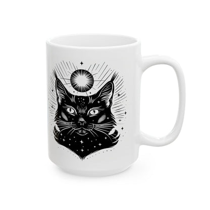 Cosmic Cat Mug | Celestial Feline 15oz Ceramic Coffee Cup | Witchy Black Cat Art