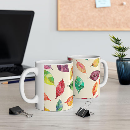Watercolor Autumn Leaves Mug | 15oz Ceramic Coffee Cup (Seasonal Gift)