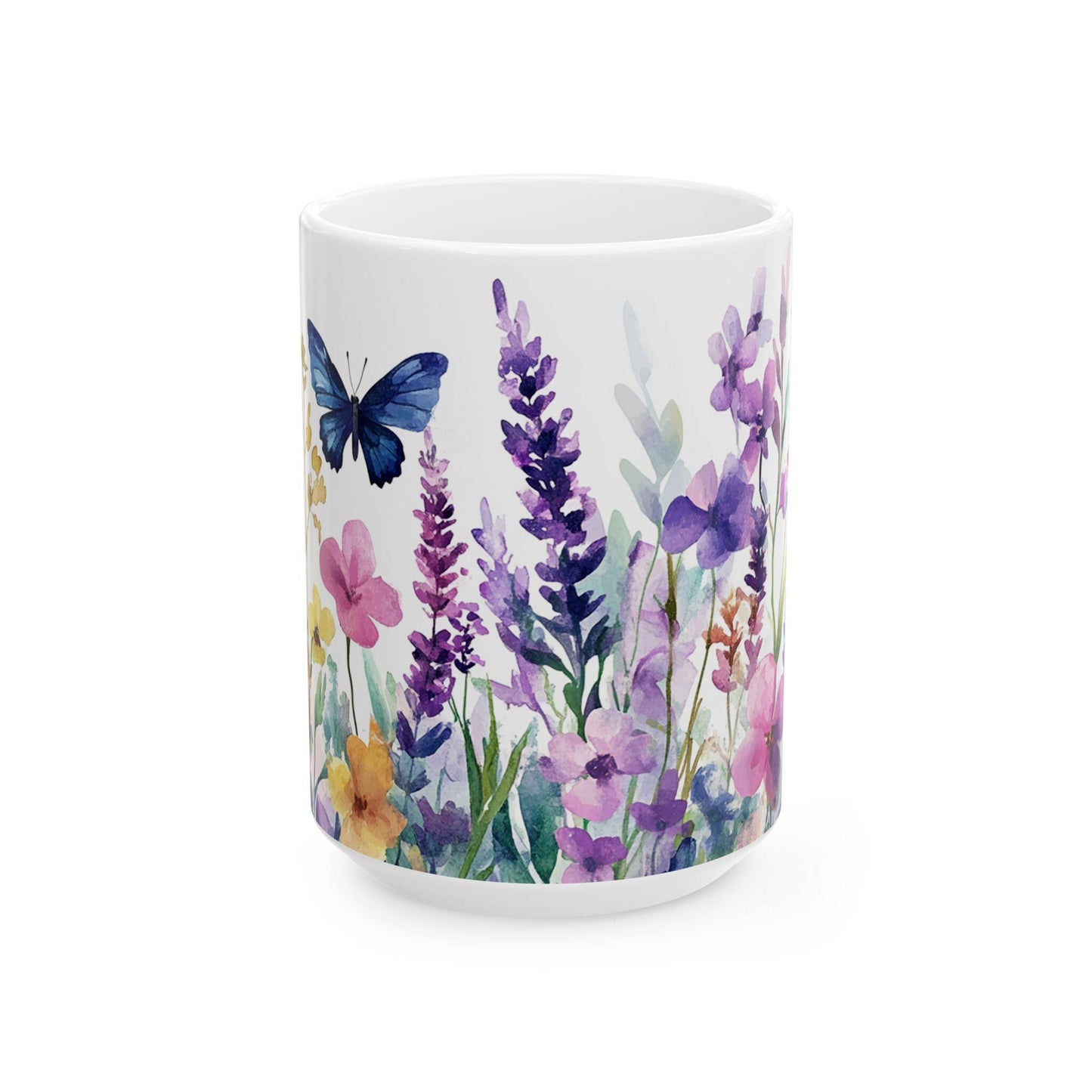Watercolor Butterfly Garden Mug | 15oz Ceramic Coffee Cup, Nature Lover Gift