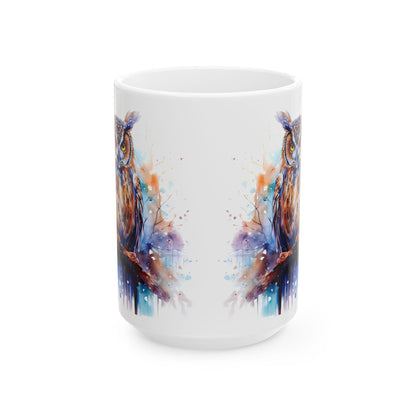 Watercolor Owl Mug | Autumn Forest Ceramic Coffee Cup (15oz)