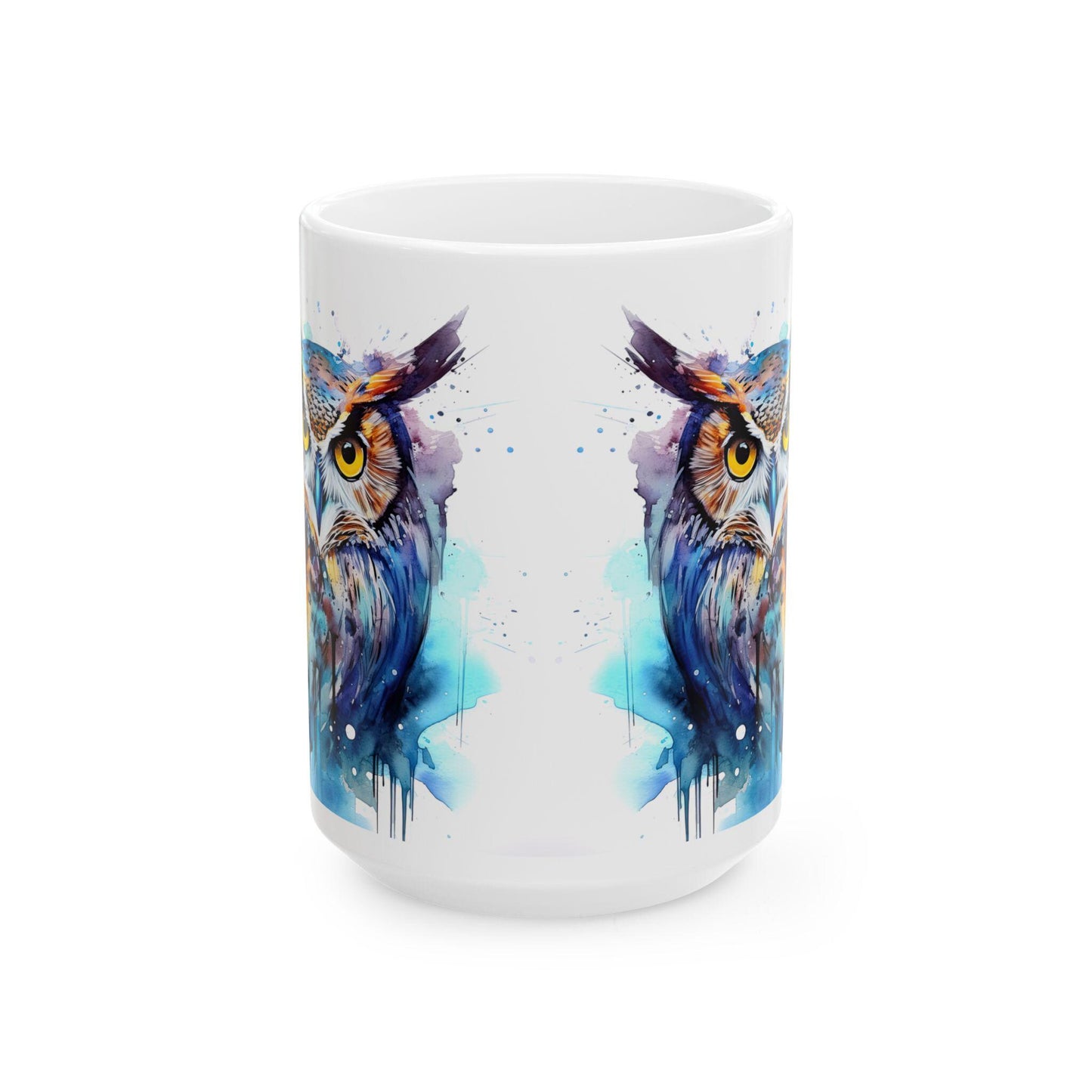 Watercolor Owl Mug | Vibrant Abstract Ceramic Coffee Cup (15 oz)
