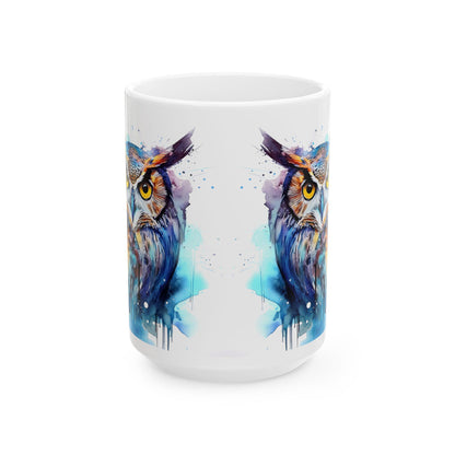 Watercolor Owl Mug | Vibrant Abstract Ceramic Coffee Cup (15 oz)