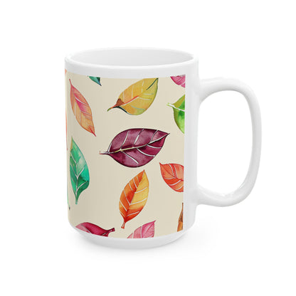 Watercolor Autumn Leaves Mug | 15oz Ceramic Coffee Cup (Seasonal Gift)