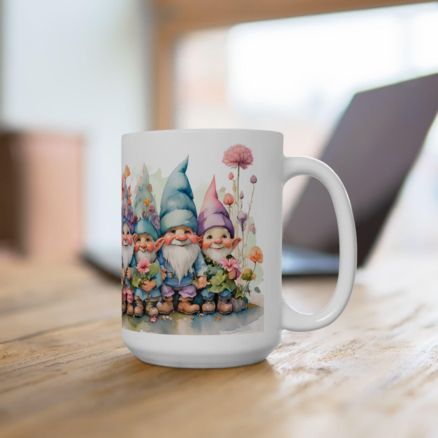 Garden Gnome Mug | Whimsical Floral Ceramic Coffee Cup | 15oz Capacity