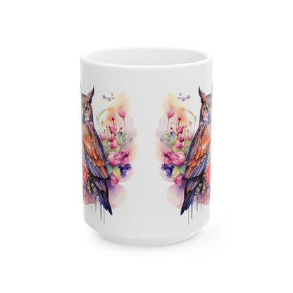 Serene Owl Floral Ceramic Mug | Artistic 15oz Coffee Cup for Nature Lovers