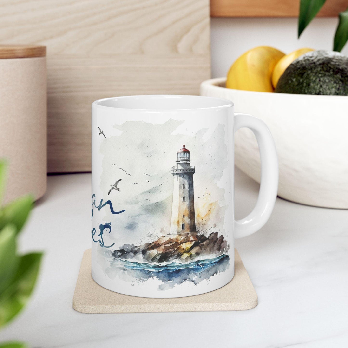 Ocean Vibes Watercolor Anchor Lighthouse Mug | Coastal Nautical Coffee Cup