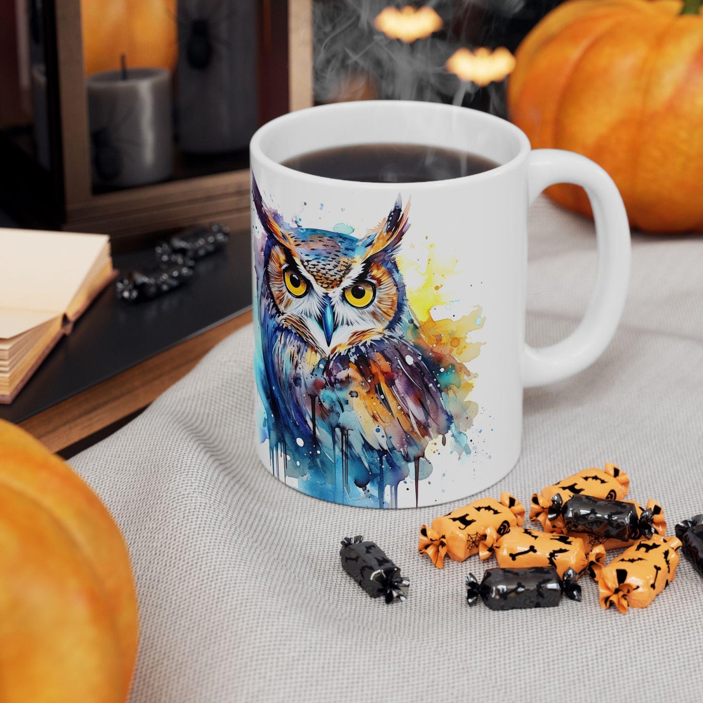 Watercolor Owl Mug | Vibrant Abstract Ceramic Coffee Cup (15 oz)