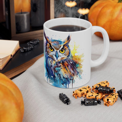 Watercolor Owl Mug | Vibrant Abstract Ceramic Coffee Cup (15 oz)