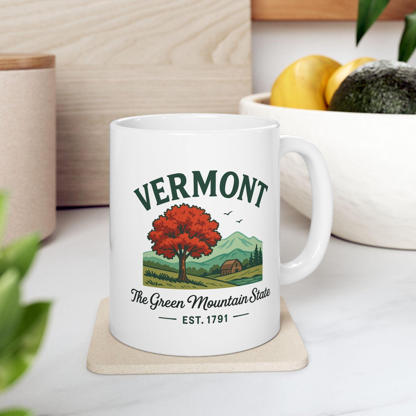 Vermont Green Mountain State Ceramic Mug | Autumn Landscape Coffee Cup (15 oz)