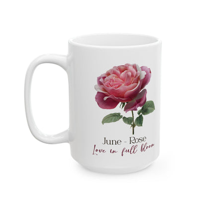 June Rose Floral Mug | 15oz Ceramic Coffee Cup (Birth Flower Gift)