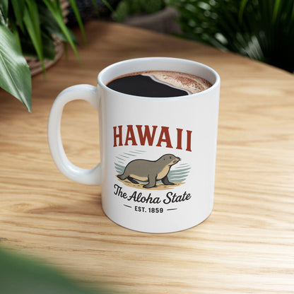 ColorFlow | Hawaii The Aloha State Mug | Hawaiian Monk Seal Coffee Cup | 15oz Ceramic Island Gift