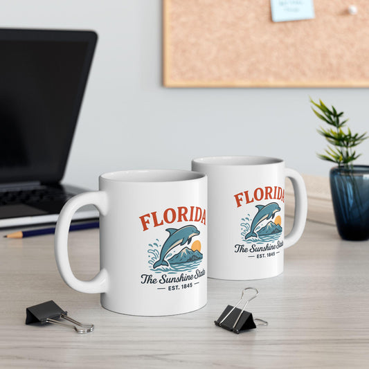 ColorFlow | Florida The Sunshine State Mug | Dolphin Ocean Coffee Cup | 15oz Ceramic Beach Gift