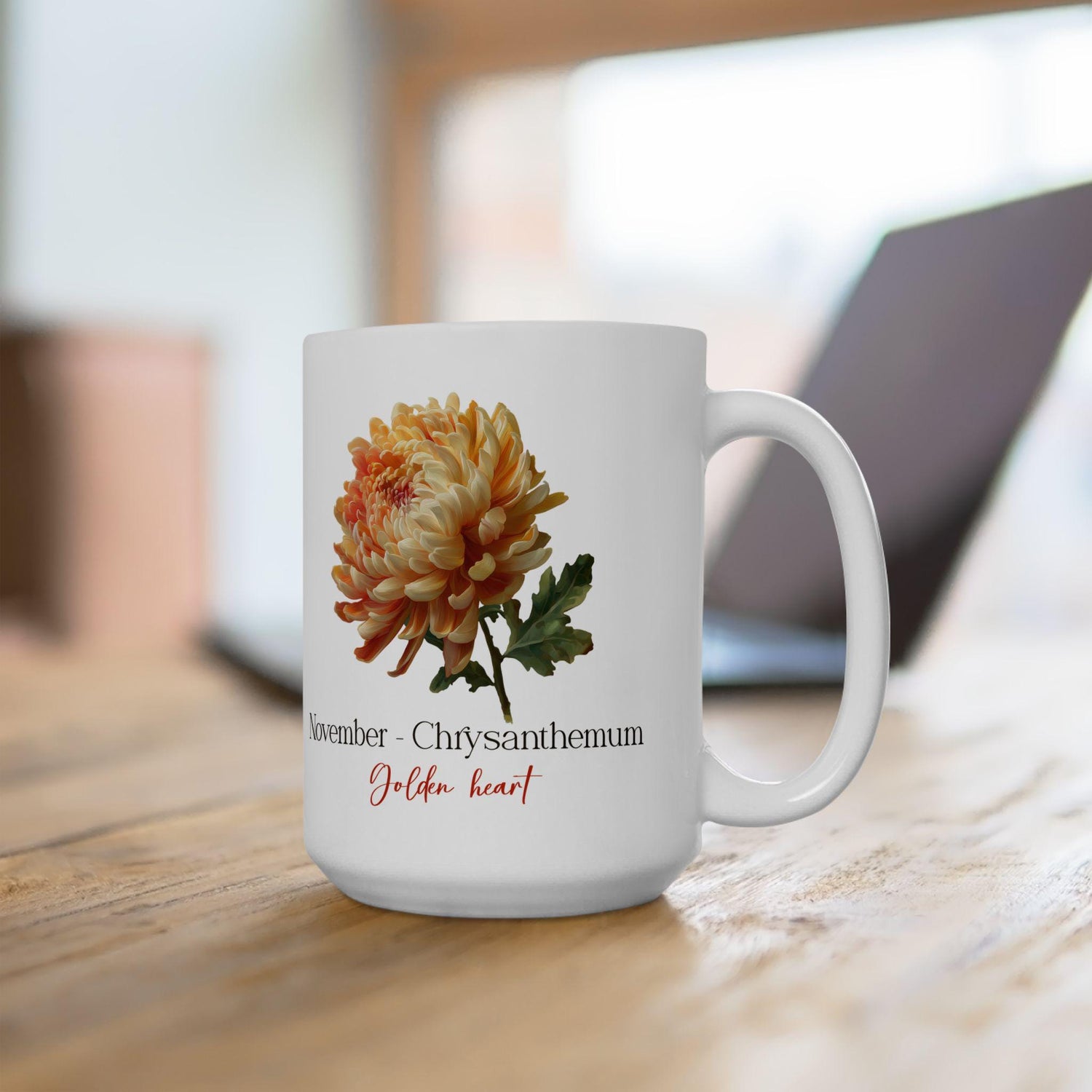 November Chrysanthemum Mug | Golden Heart Floral Coffee Cup | 15oz Ceramic Drinkware