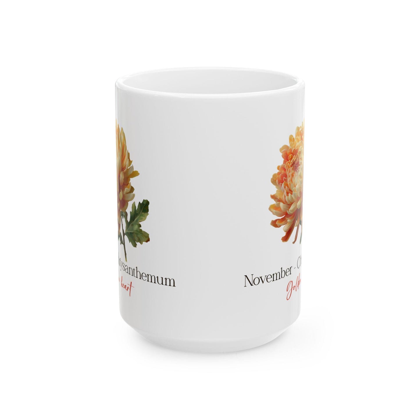 November Chrysanthemum Mug | Golden Heart Floral Coffee Cup | 15oz Ceramic Drinkware