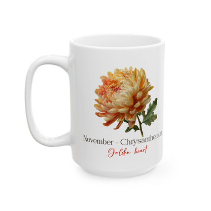 November Chrysanthemum Mug | Golden Heart Floral Coffee Cup | 15oz Ceramic Drinkware