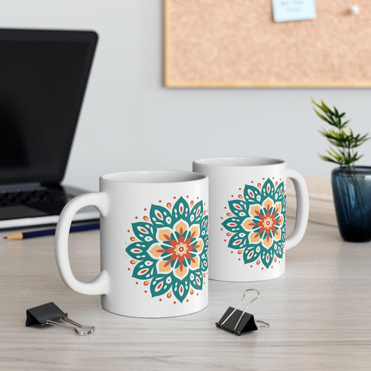 Mandala Ceramic Mug | Teal Terracotta Earth Essence Coffee Cup (15oz)