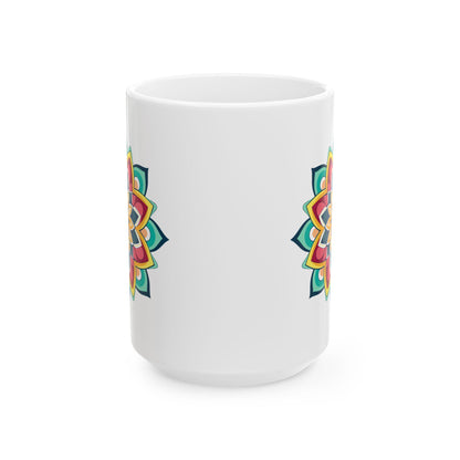 ColorFlow Mandala Ceramic Mug | 15oz Boho Coffee Cup, Vibrant Art (Dishwasher Safe)