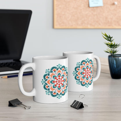 Boho Sunrise Mandala Ceramic Mug | Teal Orange Art Coffee Cup
