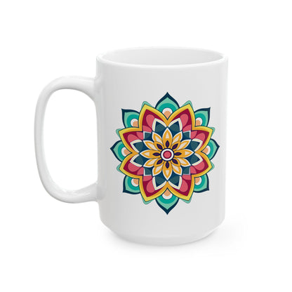 ColorFlow Mandala Ceramic Mug | 15oz Boho Coffee Cup, Vibrant Art (Dishwasher Safe)