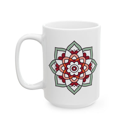 ColorFlow Mandala Ceramic Mug | 15oz Coffee Cup, Terracotta Mint Art