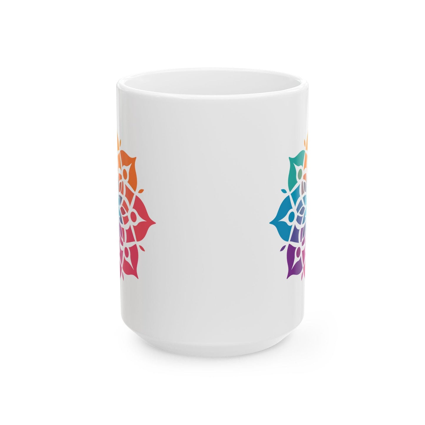 Radiant Spectrum Mandala Ceramic Mug | 15oz Rainbow Boho Coffee Cup