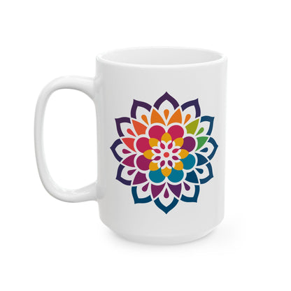Vibrant Mandala Ceramic Mug | 15oz Coffee Cup | Rainbow Floral Art (Dishwasher Safe)
