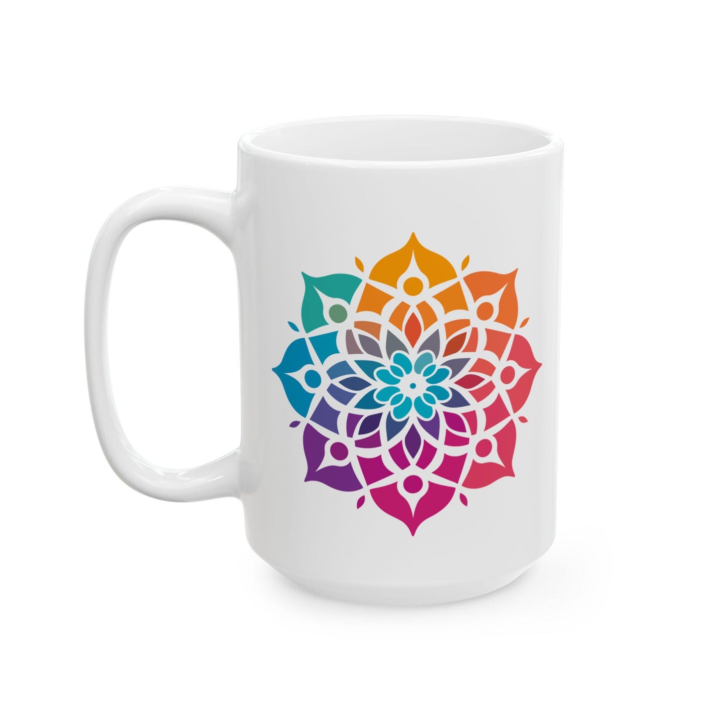 Radiant Spectrum Mandala Ceramic Mug | 15oz Rainbow Boho Coffee Cup