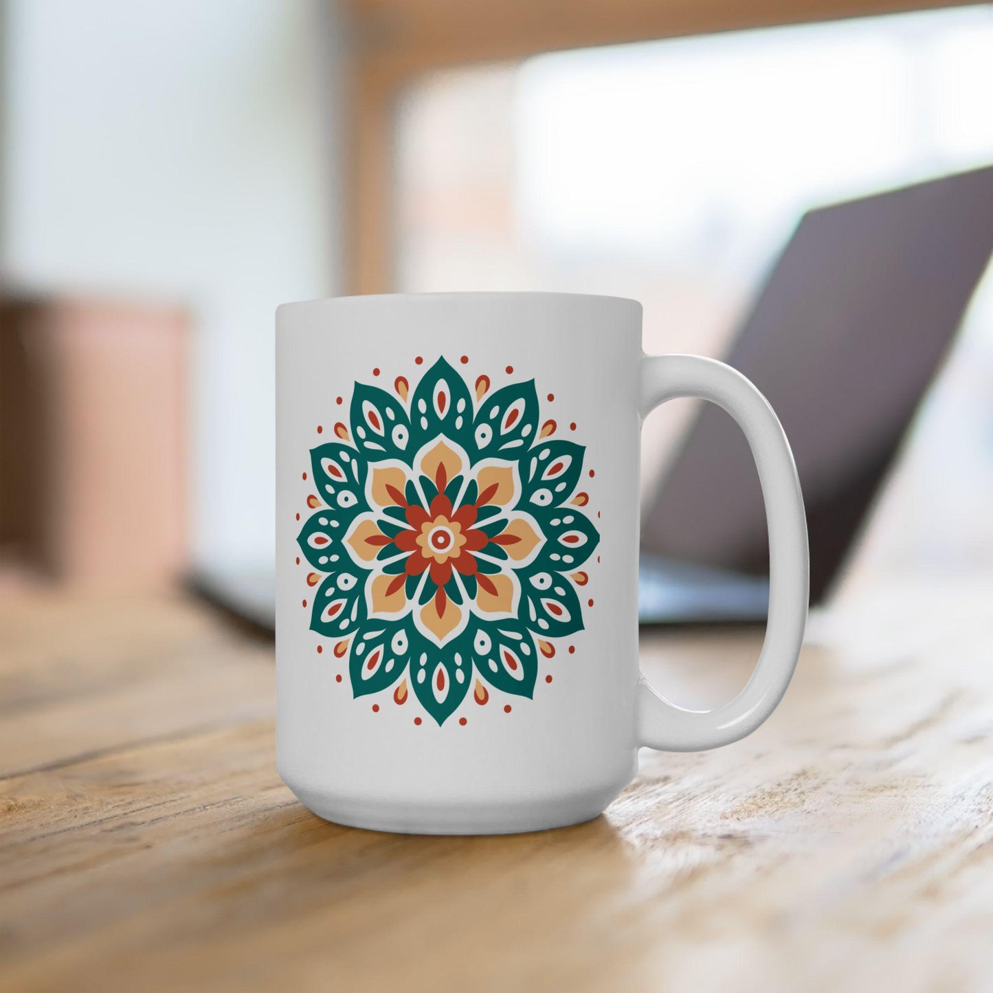 Mandala Ceramic Mug | Teal Terracotta Earth Essence Coffee Cup (15oz)
