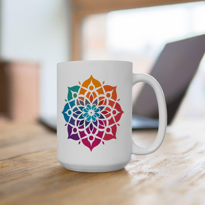 Radiant Spectrum Mandala Ceramic Mug | 15oz Rainbow Boho Coffee Cup
