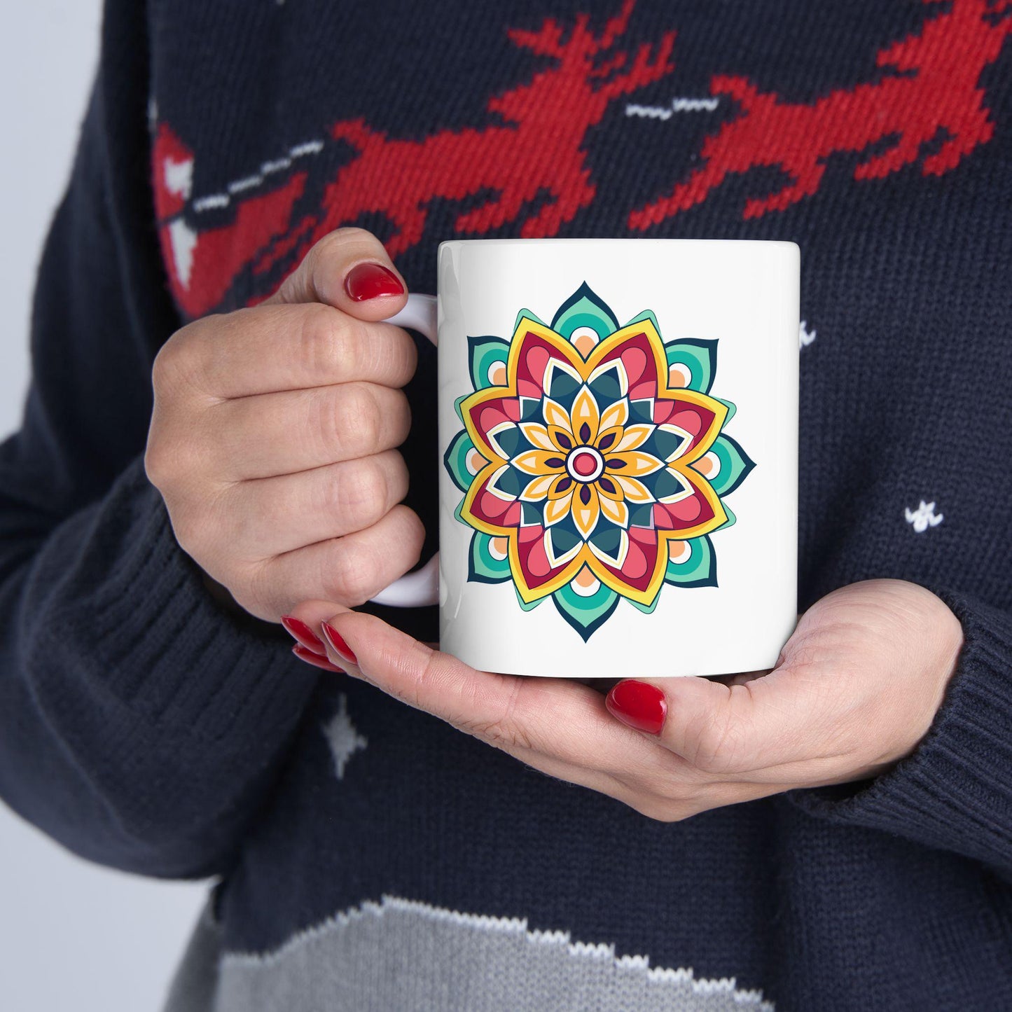 ColorFlow Mandala Ceramic Mug | 15oz Boho Coffee Cup, Vibrant Art (Dishwasher Safe)