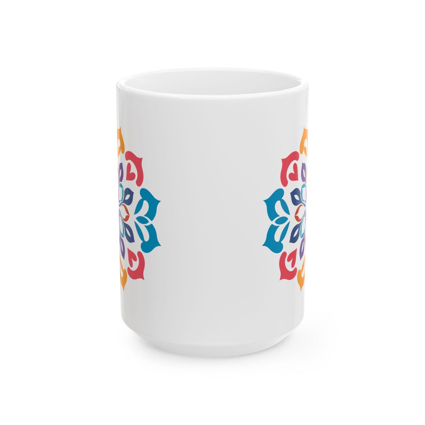Vibrant Mandala Art Ceramic Mug | 15oz Coffee Cup | Colorful Artistic Design