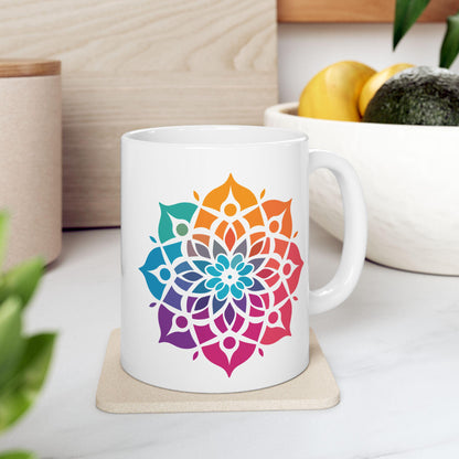 Radiant Spectrum Mandala Ceramic Mug | 15oz Rainbow Boho Coffee Cup