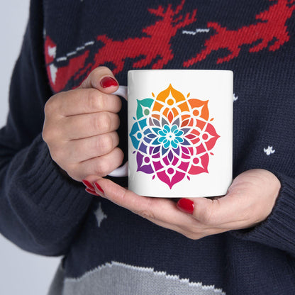 Radiant Spectrum Mandala Ceramic Mug | 15oz Rainbow Boho Coffee Cup