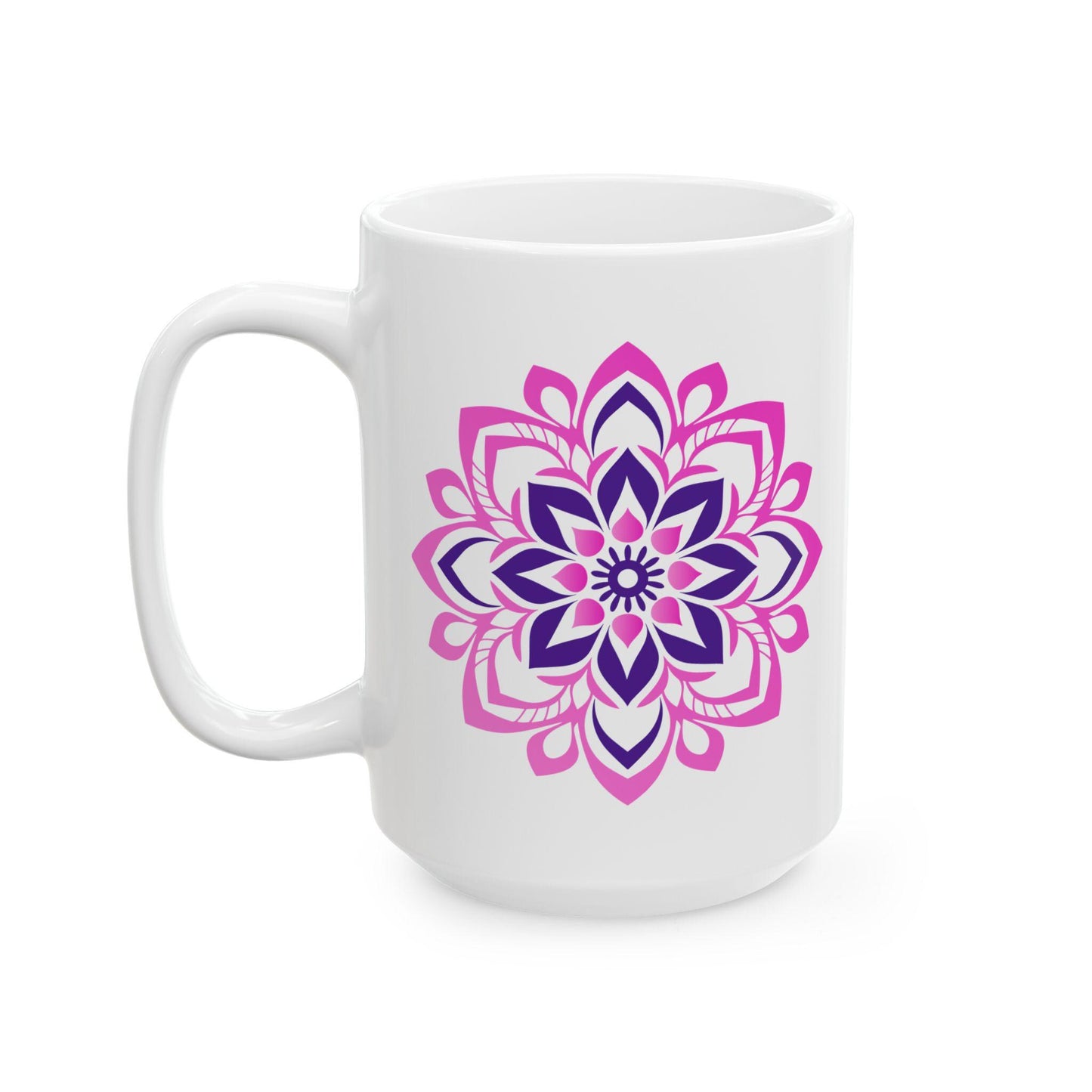 Pink Lotus Mandala Ceramic Mug | 15oz Coffee Cup | Feminine Floral Art