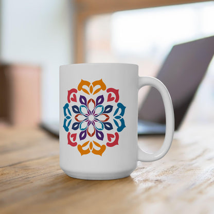 Vibrant Mandala Art Ceramic Mug | 15oz Coffee Cup | Colorful Artistic Design