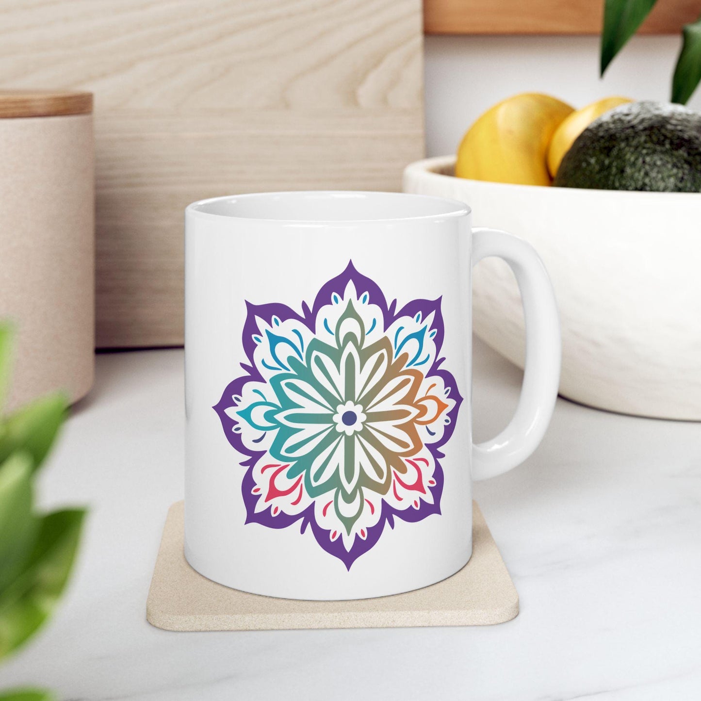 ColorFlow Harmony Bloom Mandala Ceramic Mug | 15oz Boho Gradient Art Coffee Cup